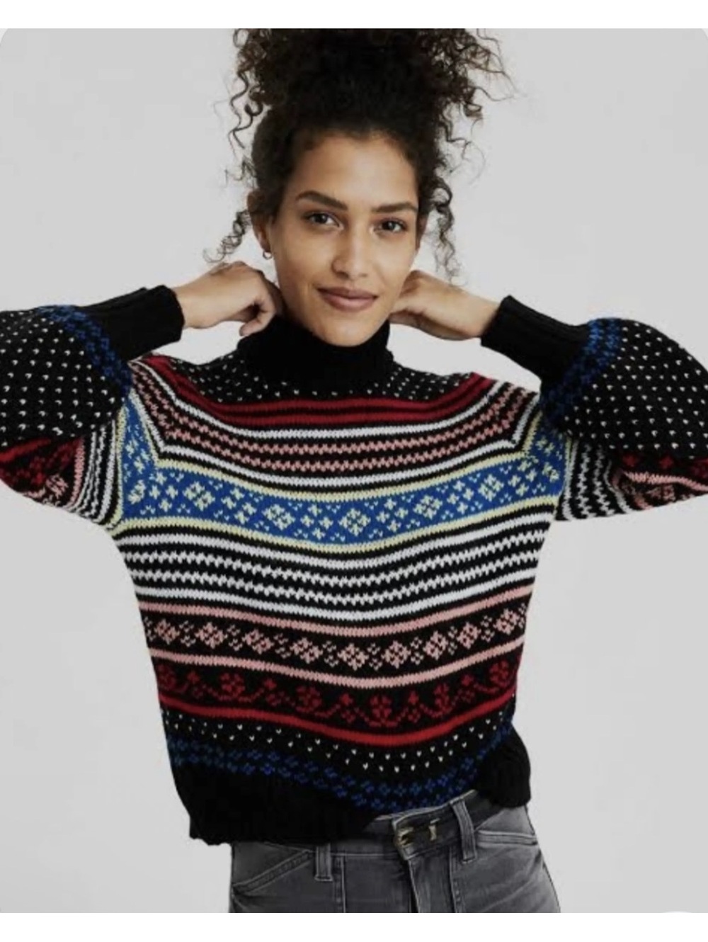 American Eagle Black Fair Isle Mock Neck Sweater Striped Bishop Sleeves Size M